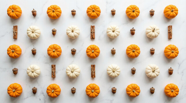 Minimalist Harvest Flat Lay on White Marble Surface. Clean overhead arrangement of small pumpkins, acorns, and cinnamon sticks on white marble, geometric spacing, soft natural shadows