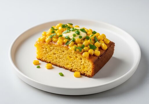 A golden slice of moist homemade cornbread topped with fresh sweet corn kernels and green herbs served on a minimalist white ceramic plate, yellow, moisture, dinner
