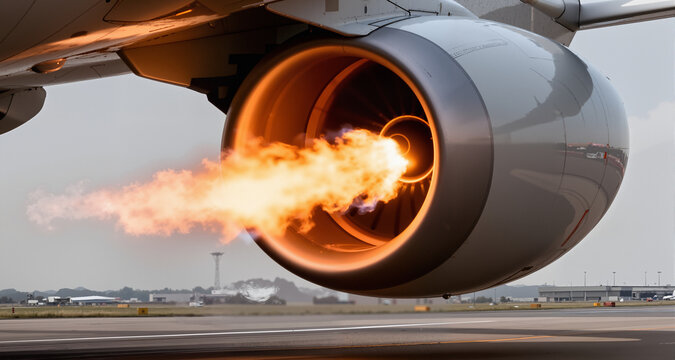 Close-up of a powerful jet engine's afterburner igniting, creating intense flames and exhaust during takeoff preparation
