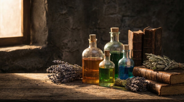 Dramatic Witch Apothecary Still Life with Mysterious Bottles. Artistic side-angle composition of vintage potion bottles with colored liquids, herbs, books illuminated by dramatic moody sidelight