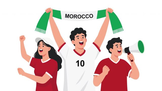 Animated Moroccan football fans celebrating victory with Morocco national colors, cheering supporters, fan scarf, soccer championship energy, team spirit and festive sports atmosphere, soccer fans