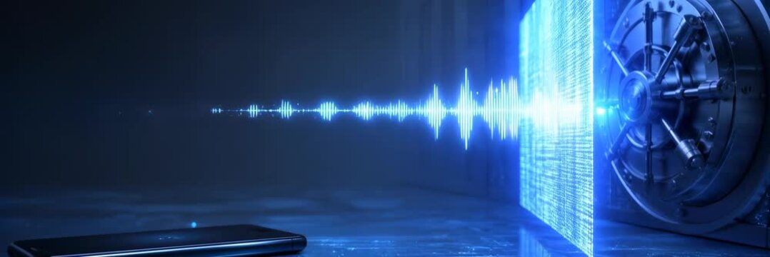 Voice biometric waveform unlocks secure digital vault, authentication technology with copy space website banner
