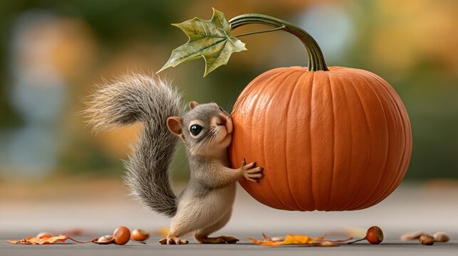 Small squirrel struggling to carry a giant pumpkin twice its size, comical effort, bright autumn park, copy space left