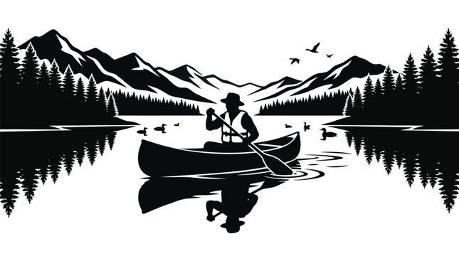 Black and white vector illustration of a lone paddler rowing a canoe across calm mountain waters