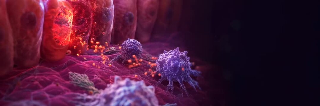 Intestinal cells and immune activity illustrate GLP-1 gut metabolic research with copy space website banner