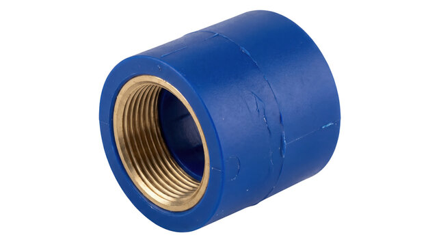 Blue PPR pipe fitting with brass thread, industrial plumbing coupling connector, water system hardware on white background