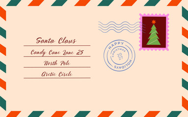 Obraz premium Christmas letter to Santa Claus. Vintage envelope with postmark and Christmas tree postage stamp