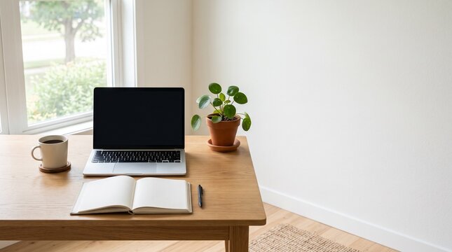 A contemporary home office workspace featuring a laptop computer an open notebook and a cup of coffee placed on a wooden desk