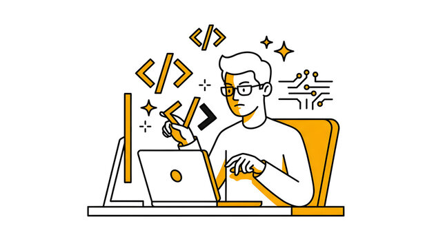 Focused programmer coding at desk with laptop yellow and black flat line style illustration.