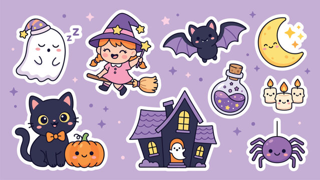 Cute Halloween Sticker Collection - Little Witch, Black Cat, Haunted House, and Spooky Ghost Vector