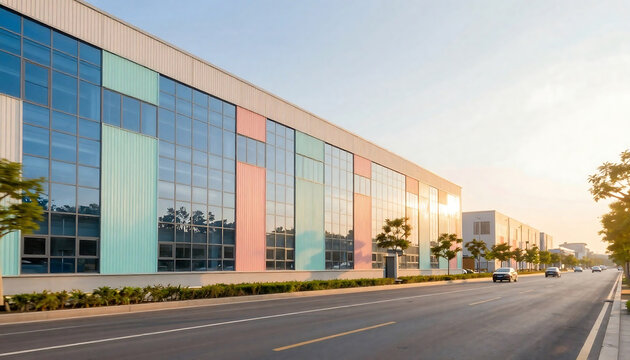 Modern office building exterior with reflective glass facade along a roadside