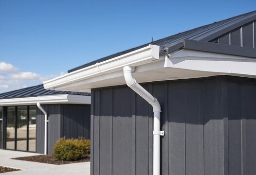 Modern commercial building exterior with white seamless rain gutters and downspouts against charcoal metal wall panels under clear blue sky, showcasing architectural geometry and drainage.