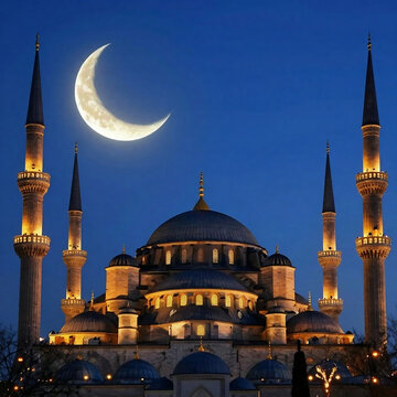 The blue mosque illuminated under a crescent moon in istanbul turkey