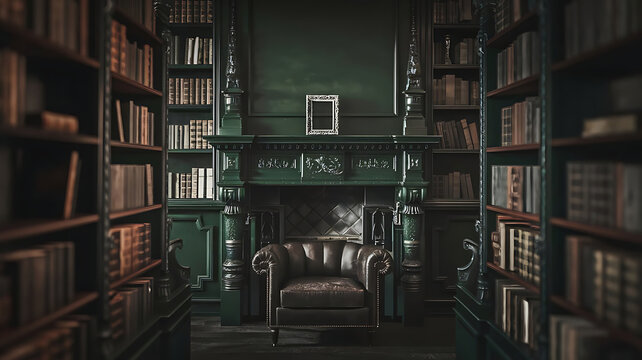 Grand dark academia library interior with a cozy fireplace and tall bookshelves