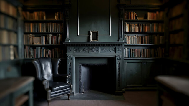 Antique library interior with fireplace and armchair a study in dark academia