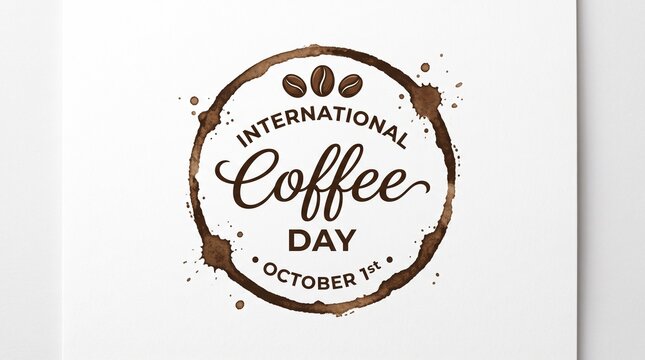 International Coffee Day logo with brown cup stain, October 1st celebration graphic, rustic coffee ring with beans on white background