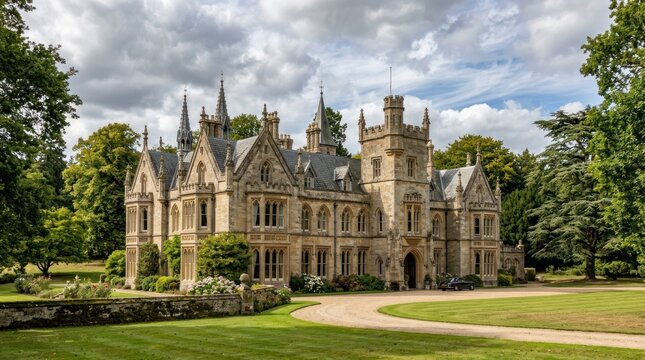 A grand, ornate castle with a moat and lush green gardens, set against a backdrop of blue sky and white clouds.