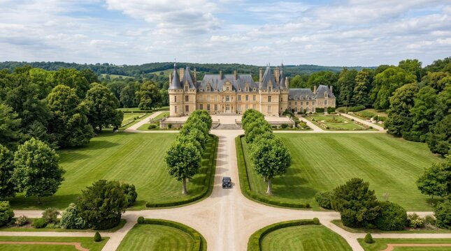 A grand, ornate castle with a moat and lush green gardens, surrounded by a dense forest and a clear blue sky.
