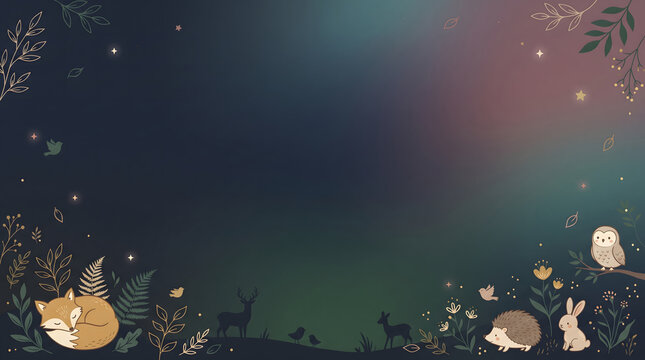 Magical Enchanted Night Forest Illustration with Sleeping Fox Owl Hedgehog and Deer Silhouettes in Dreamy Dark Nature Background with Stars
