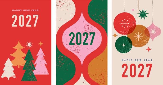 Colorful grunge Happy New Year 2027 greeting card collection with geometric Christmas trees and retro holiday ornaments.