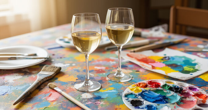 Two glasses of white wine and art supplies on a colorful table for a paint and sip session.
