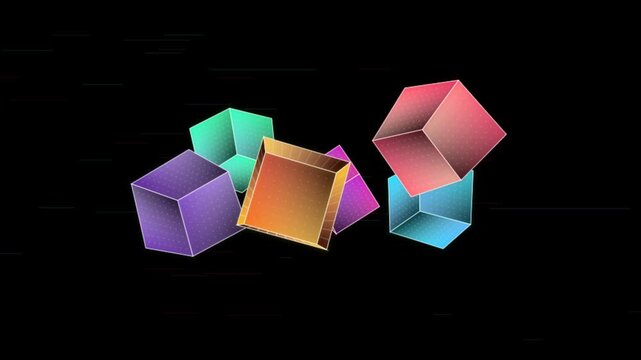 Floating 3D Colorful Geometric Cubes Rotating on a Deep Black Background in Cinematic Motion Design
