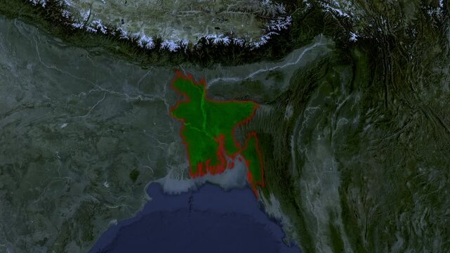 Satellite zoom into Bangladesh map with glowing red border outline