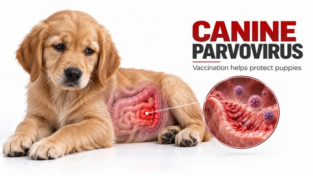 Cute puppy lying down with dog parvovirus illustration