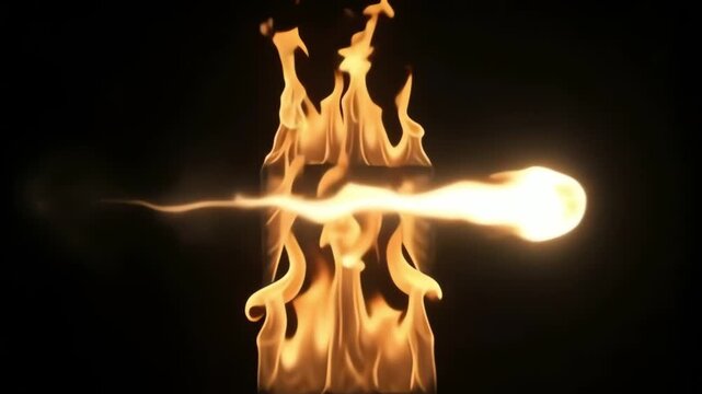 Bright burning fire projectile passing through a steady vertical blaze in this dynamic motion video clip