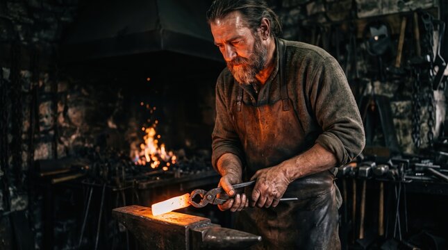 Skilled blacksmith crafting metal at a traditional forge workshop
