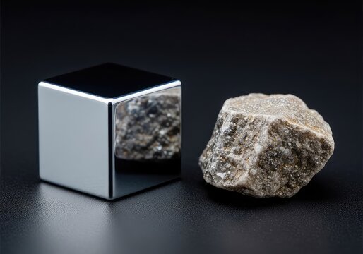 A precision-cut holmium metal cube rests beside raw natural mineral ore on a dark surface, showing the contrast of refining processes, geology, chemistry, heavy