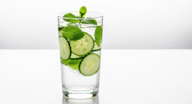 A refreshing clear glass filled with chilled water, thin cucumber slices, and vibrant green mint leaves, resting on a clean bright surface, transparent, botanical, hydration