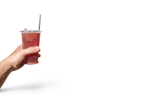 Hand holding glass fresh ice tea isolated white background 