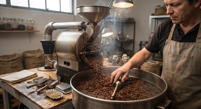 Artisan coffee roaster inspecting freshly roasted beans as they pour from a traditional roasting machine into a cooling tray inside a small production workshop.