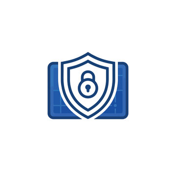 Blue information security shield lock icon, digital protection and data privacy concept sign, technology safety symbol, cybersecurity application logo design