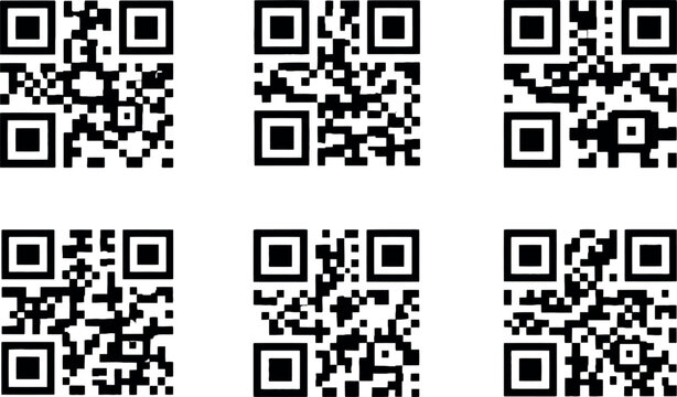 Six different qr code symbols for digital information scanning and connectivity.