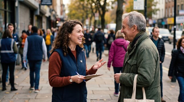 Friendly woman talks to man on street