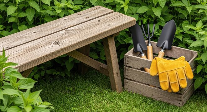 A rustic wooden bench sits in a lush green garden beside a weathered timber crate filled with essential planting tools and work gloves, metal, maintenance, horticulture
