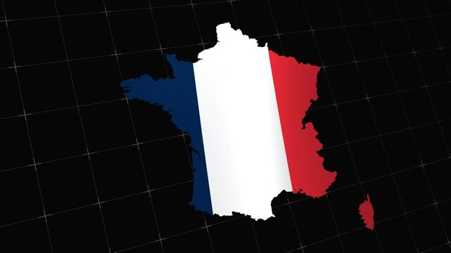 Waving French tricolor flag over 3D France map outline, dark grid loop