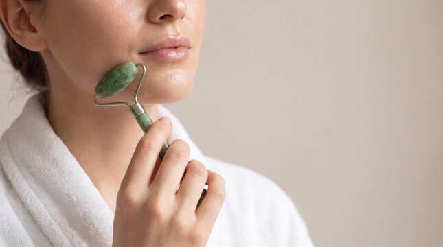 Woman using a jade facial roller on her jawline while wearing a white bathrobe indoors with bathrobe uses green