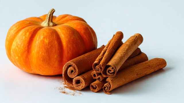 Small orange pumpkin with cinnamon sticks isolated on white background.