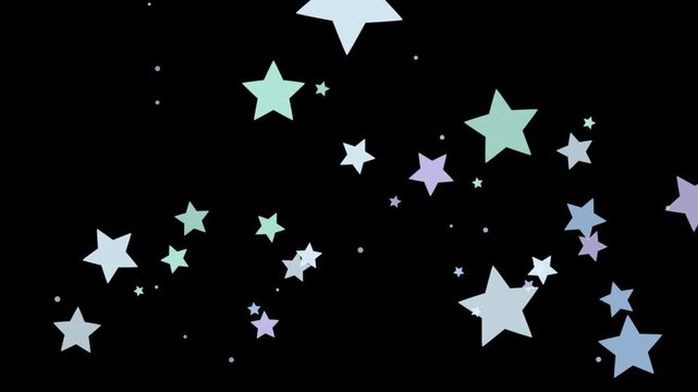 ミントと薄い青とラベンダーの涼しい星形が大小混ざって漂い明滅する透過のシームレスループ映像