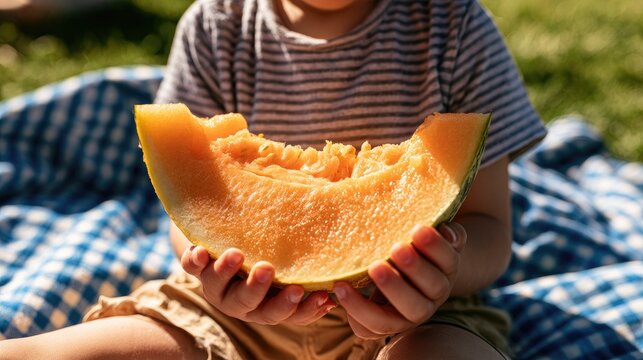 A young child holding a large slice of fresh cantaloupe melon outdoors.
