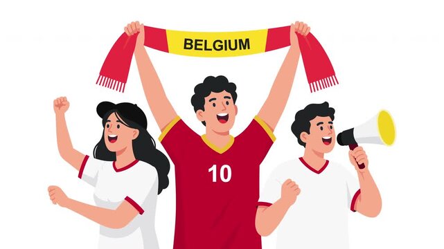 Animated Belgian football fans celebrating victory with Belgium national colors, cheering supporters, fan scarf, soccer championship energy, team spirit and festive sports atmosphere, tournament crowd