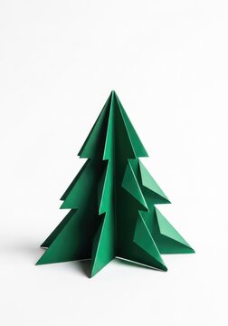 A single minimalist origami Christmas tree crafted from dark green paper stands isolated on a clean white background with soft shadows, fir, eco friendly, decoration