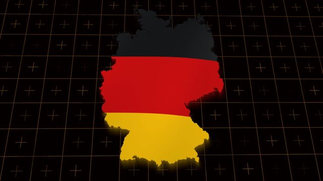 Germany 3D map with waving national flag on glowing tech grid, 4K loop