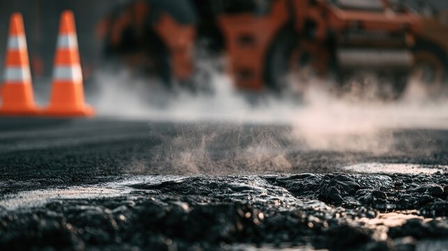 Road construction work with hot asphalt steam and traffic cones.