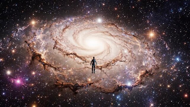 Galaxy Spiral Star Human Relativistic Spacetime Continuum Astronomy Cosmos Universe Astronaut Floating Through Luminous Cosmic Portal Amid Surreal Dust Clouds and Radiant Star Fields