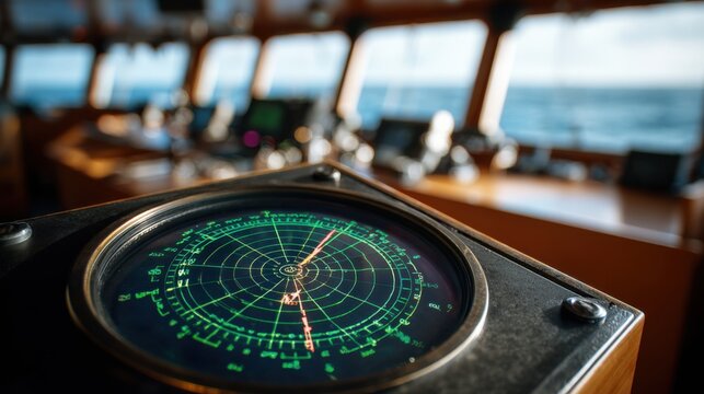 Close-up of radar and GPS interface on a ship bridge, aiding navigation at sea