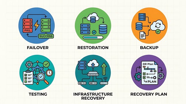 Infographic set showing IT disaster recovery concepts with failover, restoration, backup, testing, and infrastructure recovery elements